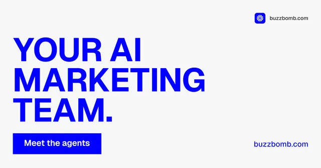Social ad for BuzzBomb: "Your AI marketing team." Swiss style, poster layout, light palette in white, blue.