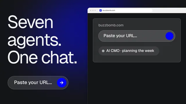 Landscape graphic for BuzzBomb: "Seven agents. One chat." Agentic glass style, browser layout, dark palette in black, blue, grey.