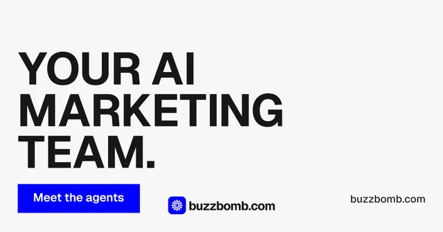 Social ad for BuzzBomb: "Your AI marketing team." Swiss style, poster layout, light palette in white, blue, grey.