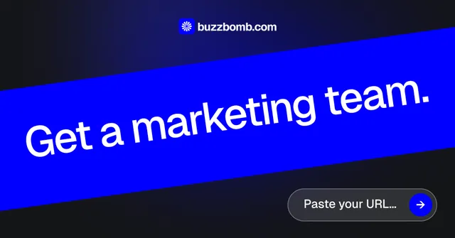 Social ad for BuzzBomb: "Get a marketing team." Agentic glass style, diagonal layout, dark palette in blue, black.
