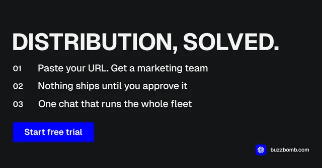 Social ad for BuzzBomb: "Distribution, solved." Split block style, numbered layout, dark palette in black, grey.