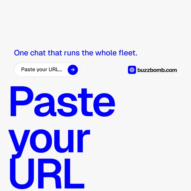 Instagram post for BuzzBomb: "Paste your URL." Agentic glass style, oversized layout, light palette in white, blue.