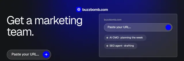 X header for BuzzBomb: "Get a marketing team." Agentic glass style, bottom layout, dark palette in black, blue, grey.