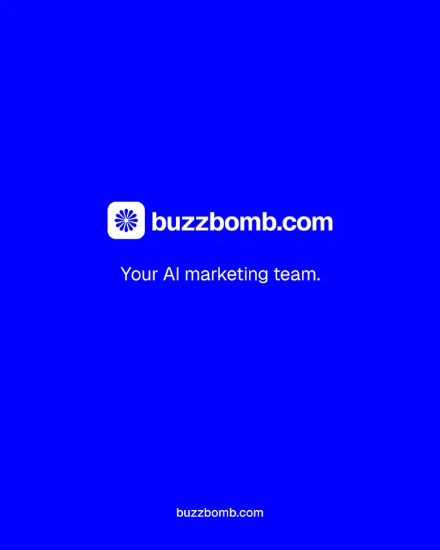 Instagram portrait post for BuzzBomb: "Your AI marketing team." Agentic glass style, end card layout, dark palette in blue.