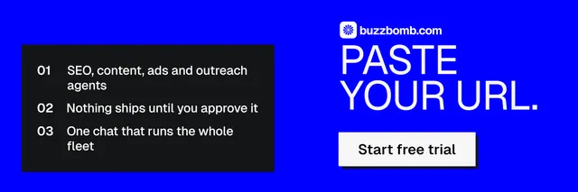 X header for BuzzBomb: "Paste your URL." Brutalist style, skeleton layout, dark palette in blue.