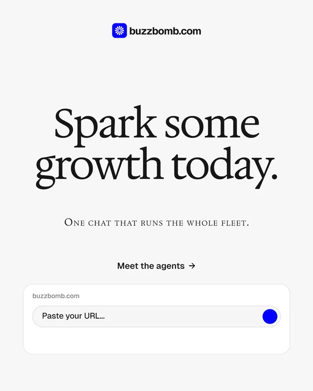 Instagram portrait post for BuzzBomb: "Spark some growth today." Swiss style, smallcaps layout, light palette in white, grey.