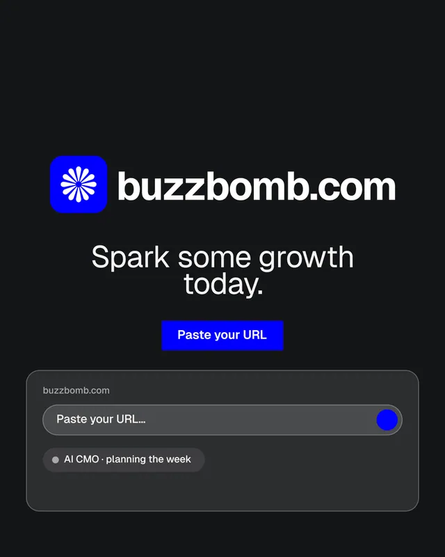 Instagram portrait post for BuzzBomb: "Spark some growth today." Brutalist style, logo hero layout, dark palette in black, grey.