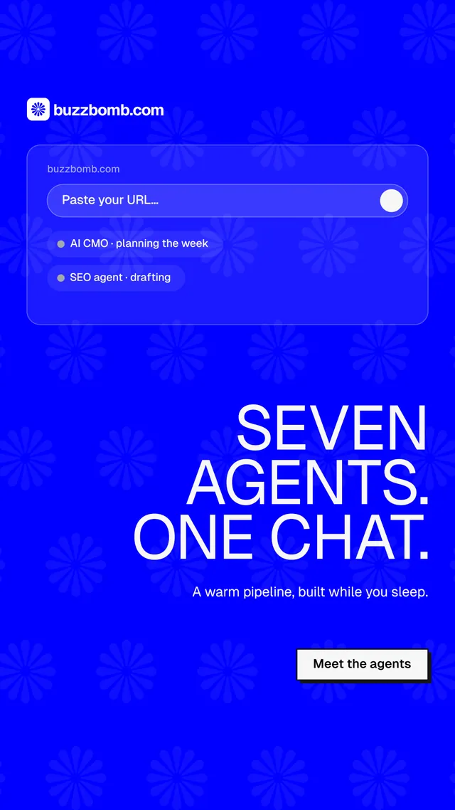 Instagram story for BuzzBomb: "Seven agents. One chat." Brutalist style, right layout, dark palette in blue.