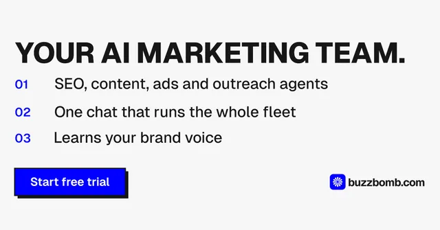 Social ad for BuzzBomb: "Your AI marketing team." Brutalist style, numbered layout, light palette in white, grey.