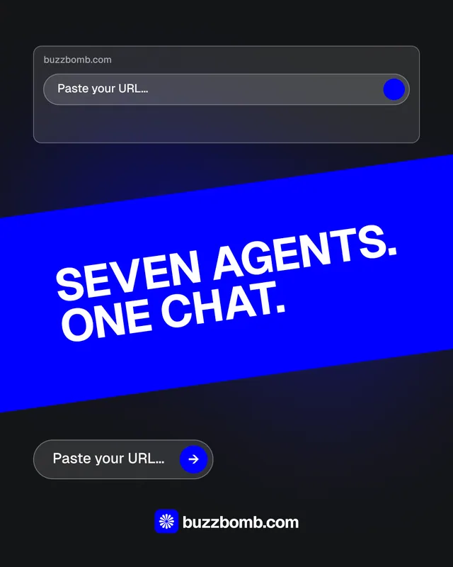 Instagram portrait post for BuzzBomb: "Seven agents. One chat." Agentic glass style, diagonal layout, dark palette in black, blue.