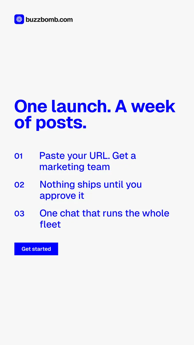 Instagram story for BuzzBomb: "One launch. A week of posts." Swiss style, numbered layout, light palette in white, blue.