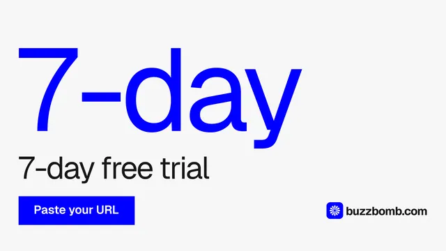 Landscape graphic for BuzzBomb: "One launch. A week of posts." Swiss style, stat layout, light palette in white, blue.