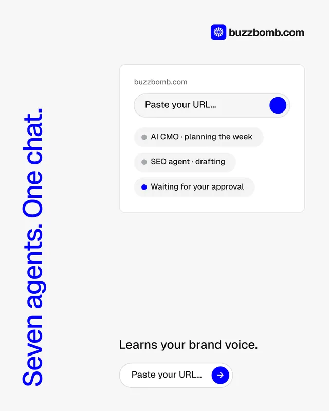 Instagram portrait post for BuzzBomb: "Seven agents. One chat." Agentic glass style, vertical layout, light palette in white, blue.