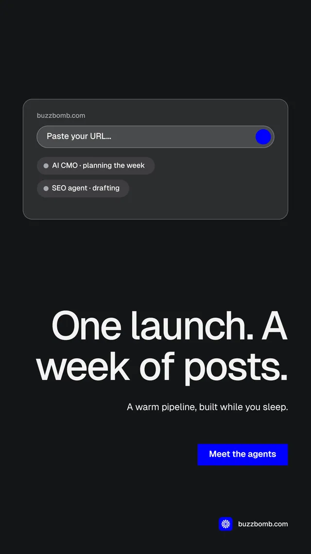 Instagram story for BuzzBomb: "One launch. A week of posts." Swiss style, right layout, dark palette in black, grey.
