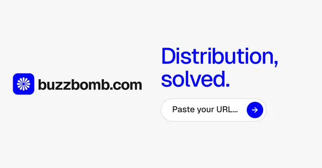 Social ad for BuzzBomb: "Distribution, solved." Agentic glass style, logo hero layout, light palette in white.