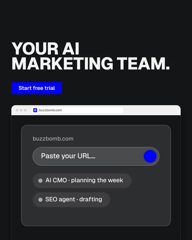Instagram portrait post for BuzzBomb: "Your AI marketing team." Brutalist style, browser layout, dark palette in black, grey.