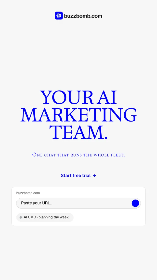 Instagram story for BuzzBomb: "Your AI marketing team." Agentic glass style, smallcaps layout, light palette in white, blue.