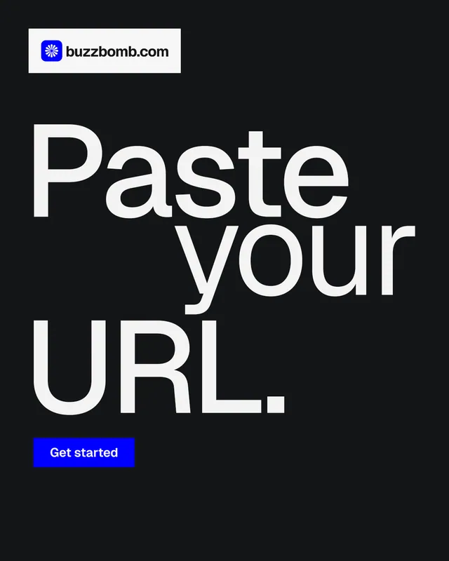 Instagram portrait post for BuzzBomb: "Paste your URL." Split block style, stacked layout, dark palette in black, grey.