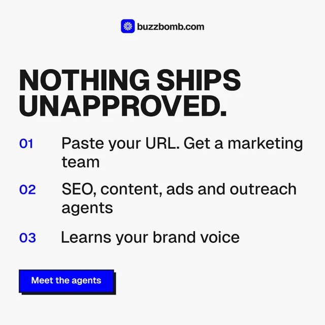 Instagram post for BuzzBomb: "Nothing ships unapproved." Brutalist style, numbered layout, light palette in white, grey.