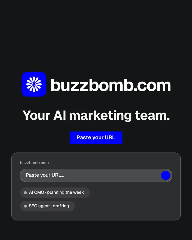 Instagram portrait post for BuzzBomb: "Your AI marketing team." Brutalist style, logo hero layout, dark palette in black, grey.