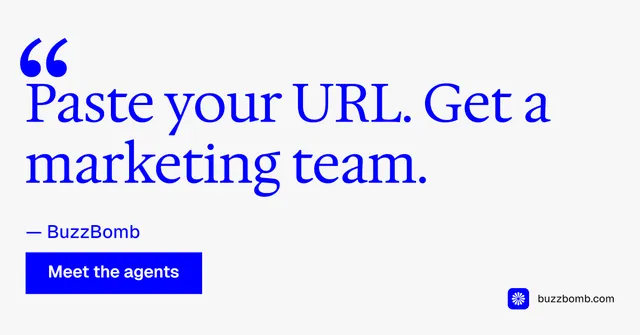 Social ad for BuzzBomb: "Distribution, solved." Swiss style, quote layout, light palette in white, blue.