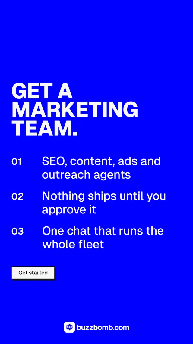 Instagram story for BuzzBomb: "Get a marketing team." Brutalist style, numbered layout, dark palette in blue.