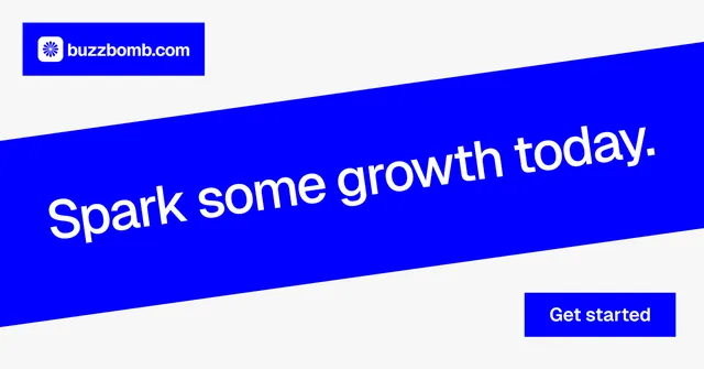 Social ad for BuzzBomb: "Spark some growth today." Swiss style, diagonal layout, light palette in blue, white.