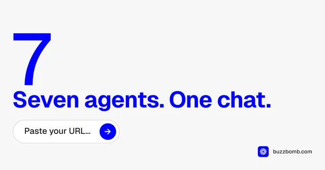 Social ad for BuzzBomb: "Get a marketing team." Agentic glass style, stat layout, light palette in white, blue.