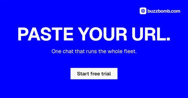 Social ad for BuzzBomb: "Paste your URL." Swiss style, centred layout, dark palette in blue.