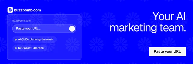 X header for BuzzBomb: "Your AI marketing team." Split block style, right layout, dark palette in blue.