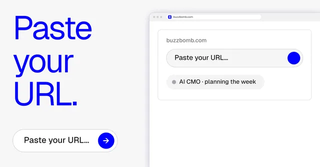Social ad for BuzzBomb: "Paste your URL." Agentic glass style, browser layout, light palette in white, blue.