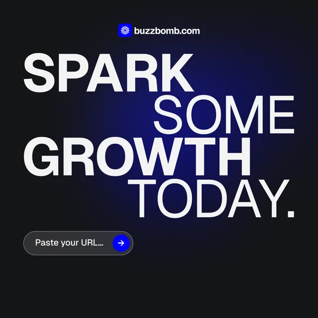 Instagram post for BuzzBomb: "Spark some growth today." Agentic glass style, stacked layout, dark palette in black, blue, grey.