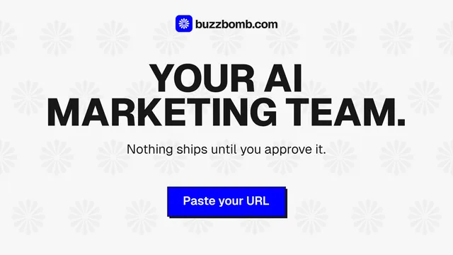 Landscape graphic for BuzzBomb: "Your AI marketing team." Brutalist style, centred layout, light palette in white, grey.