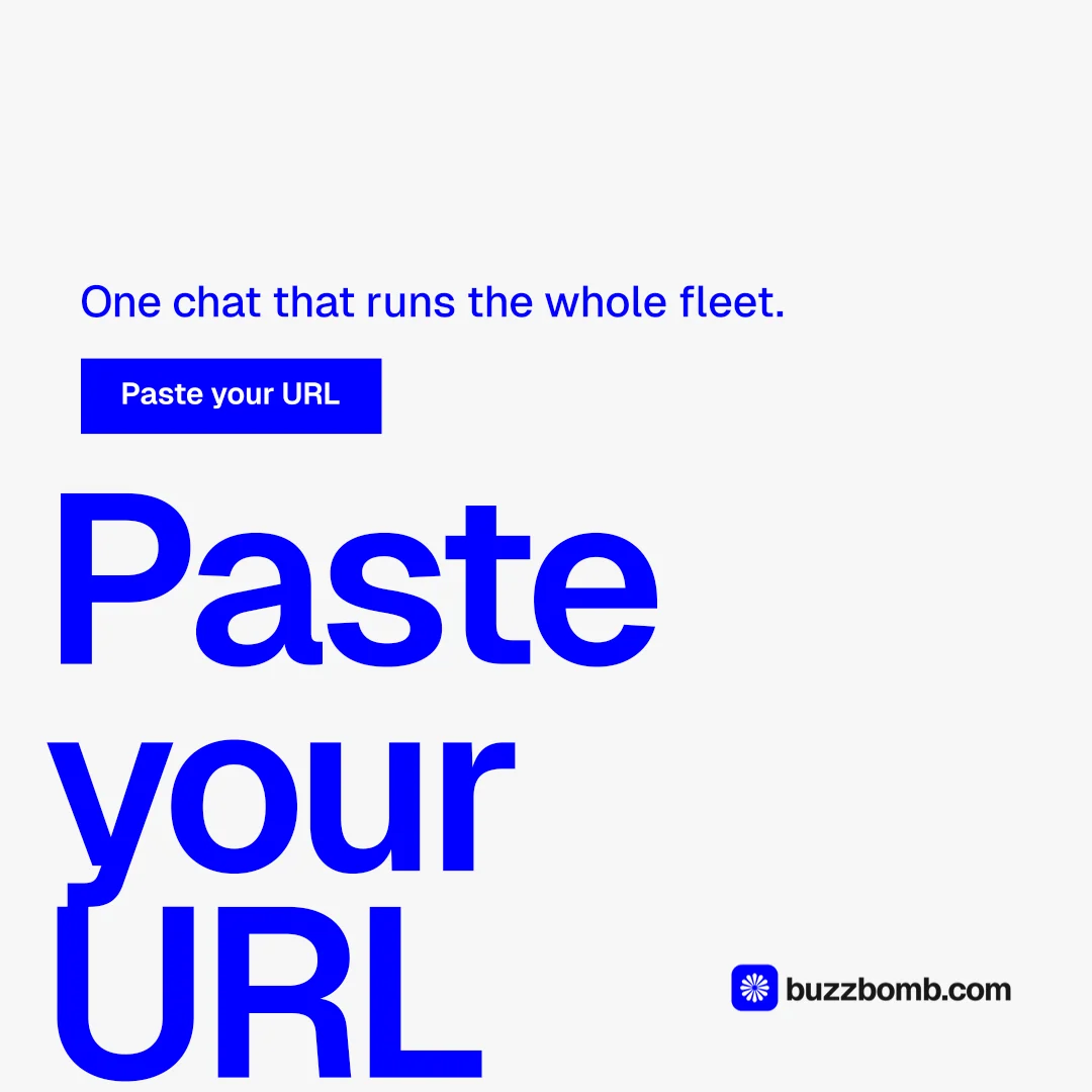 Instagram post for BuzzBomb: "One launch. A week of posts." Swiss style, oversized layout, light palette in white, blue.