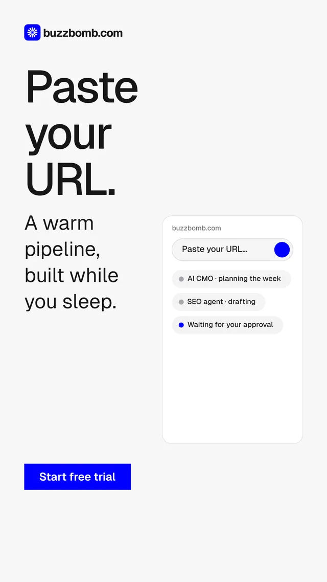 Instagram story for BuzzBomb: "Paste your URL." Swiss style, skeleton layout, light palette in white, blue.