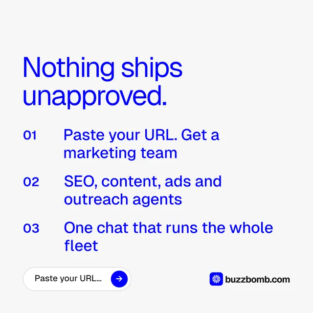 Instagram post for BuzzBomb: "Nothing ships unapproved." Agentic glass style, numbered layout, light palette in white, blue.