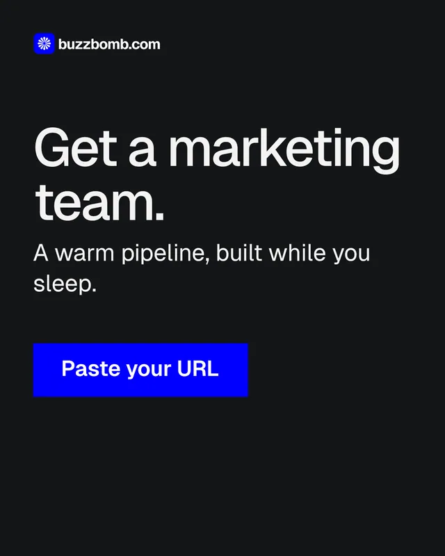 Instagram portrait post for BuzzBomb: "Get a marketing team." Swiss style, skeleton layout, dark palette in black, grey.