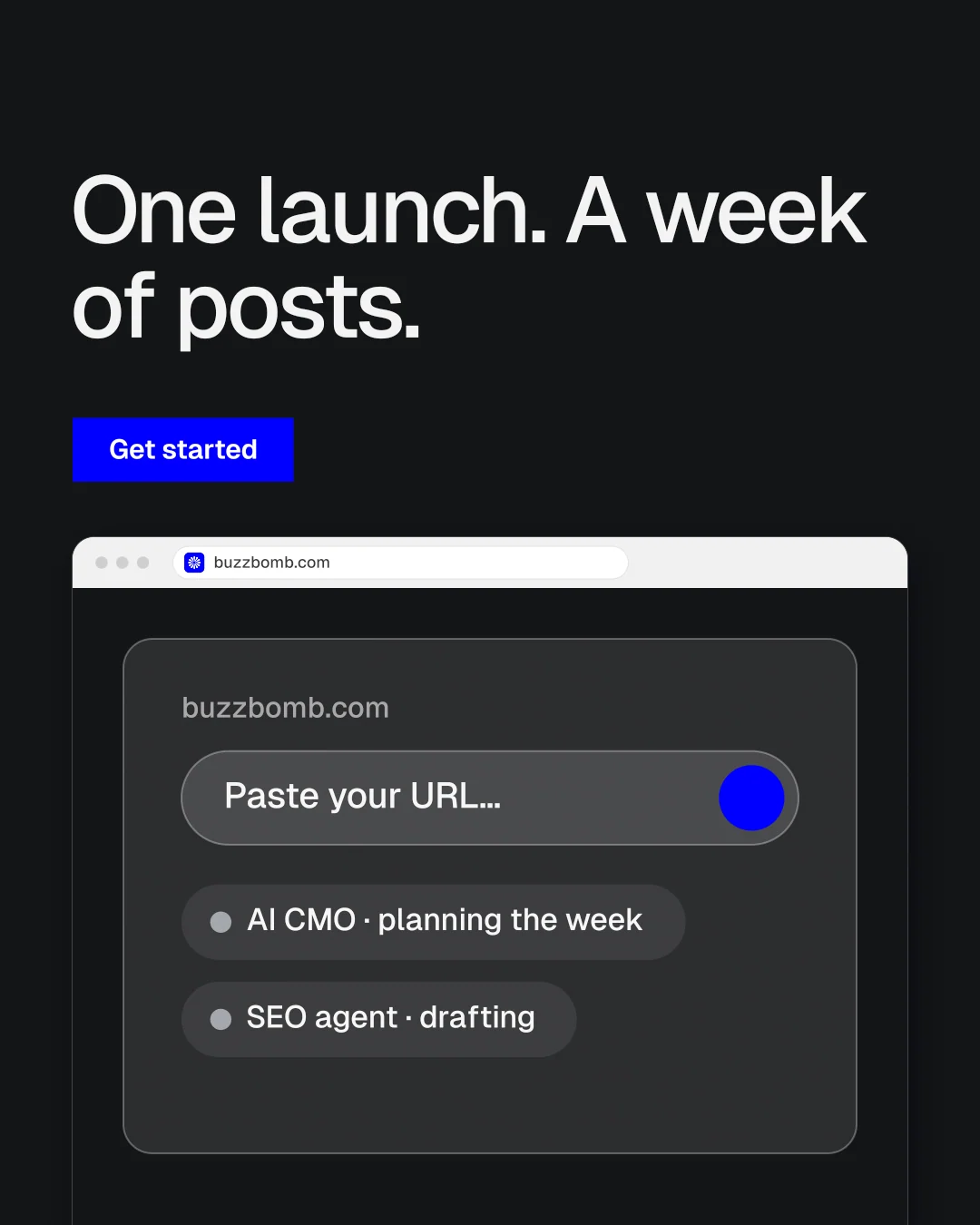 Instagram portrait post for BuzzBomb: "One launch. A week of posts." Split block style, browser layout, dark palette in black, grey.