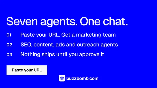 Landscape graphic for BuzzBomb: "Seven agents. One chat." Swiss style, numbered layout, dark palette in blue.