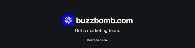 LinkedIn banner for BuzzBomb: "Get a marketing team." Split block style, end card layout, dark palette in black.