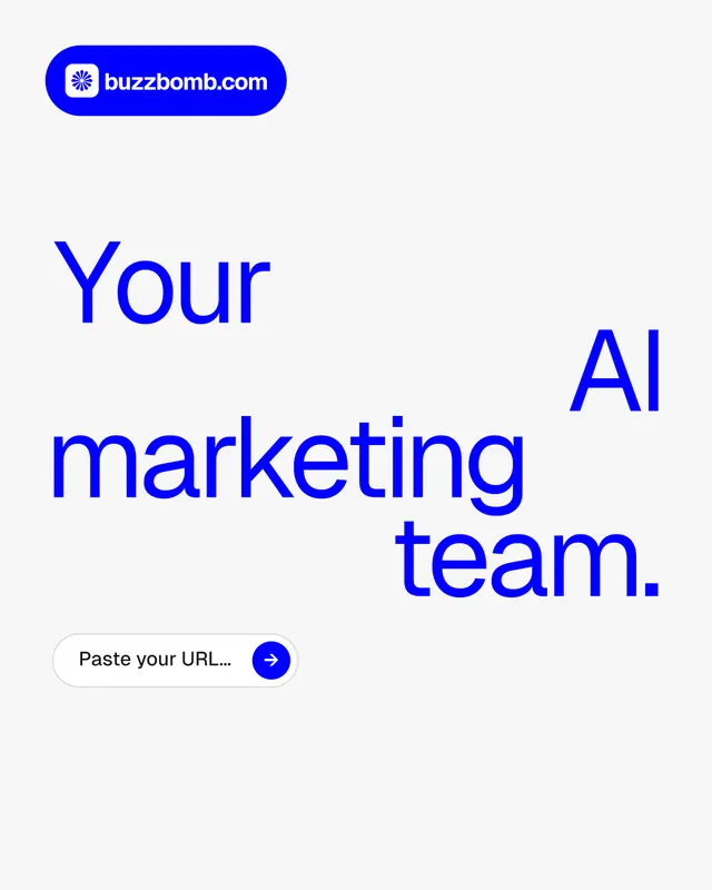 Instagram portrait post for BuzzBomb: "Your AI marketing team." Agentic glass style, stacked layout, light palette in white, blue.