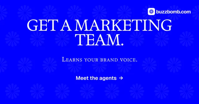 Social ad for BuzzBomb: "Get a marketing team." Swiss style, smallcaps layout, dark palette in blue.