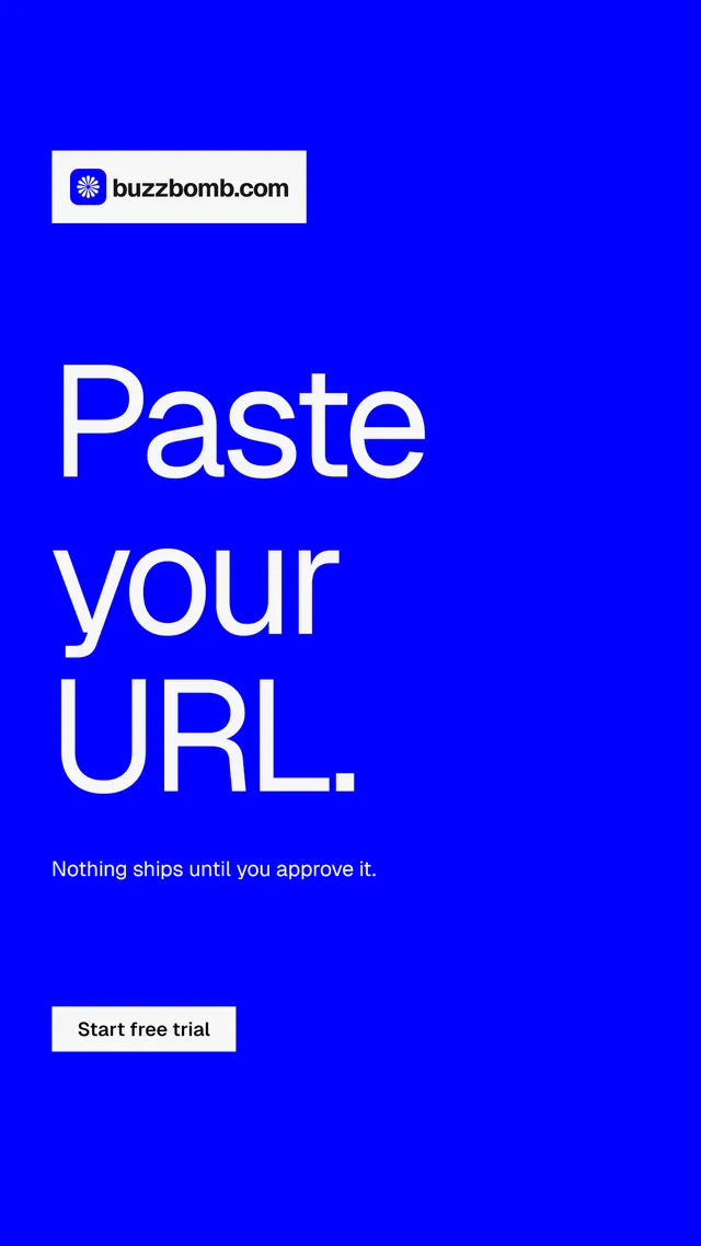Instagram story for BuzzBomb: "Paste your URL." Swiss style, announce layout, dark palette in blue.