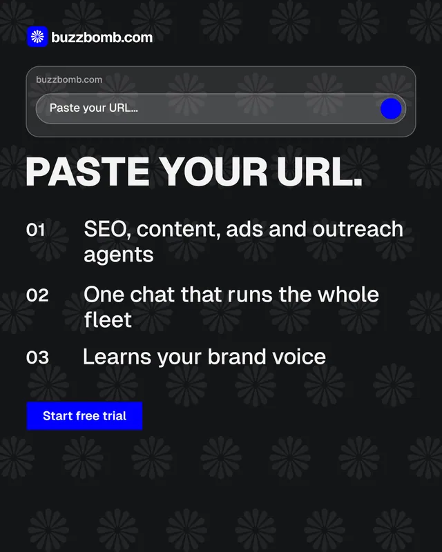Instagram portrait post for BuzzBomb: "Paste your URL." Brutalist style, numbered layout, dark palette in black, grey.