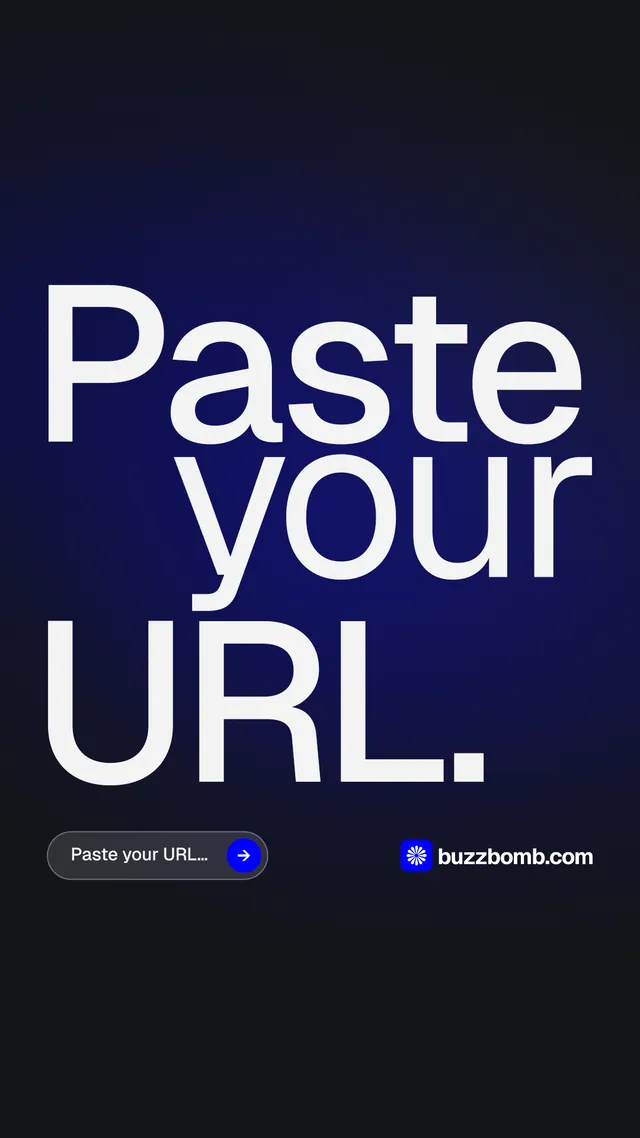 Instagram story for BuzzBomb: "Paste your URL." Agentic glass style, stacked layout, dark palette in blue, black, grey.