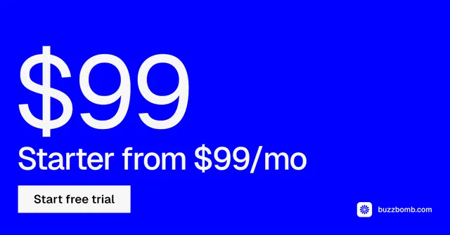 Social ad for BuzzBomb: "Nothing ships unapproved." Split block style, stat layout, dark palette in blue.