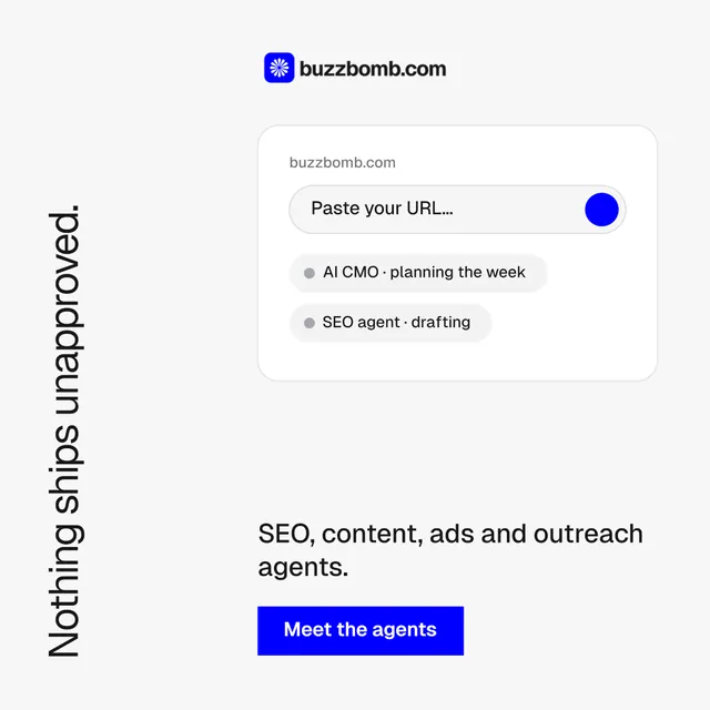 Instagram post for BuzzBomb: "Nothing ships unapproved." Swiss style, vertical layout, light palette in white, blue.