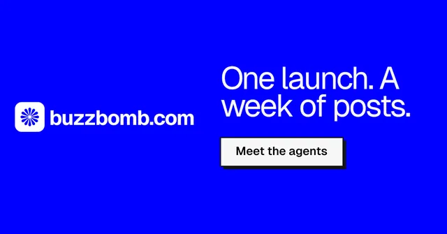 Social ad for BuzzBomb: "One launch. A week of posts." Brutalist style, logo hero layout, dark palette in blue.