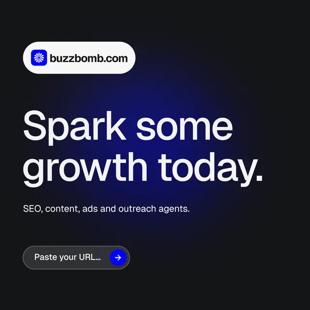 Instagram post for BuzzBomb: "Spark some growth today." Agentic glass style, announce layout, dark palette in black, blue, grey.