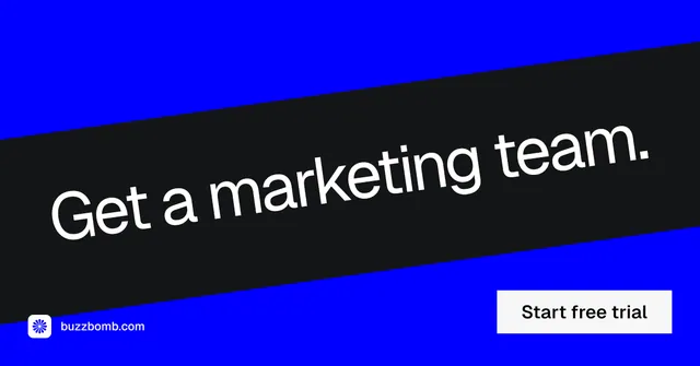 Social ad for BuzzBomb: "Get a marketing team." Split block style, diagonal layout, dark palette in blue, black, grey.
